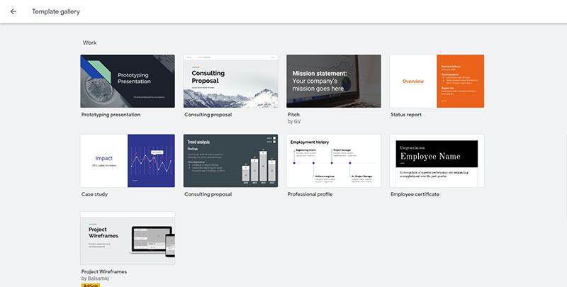 Screenshot of the Google Slides templates in the 'work' category