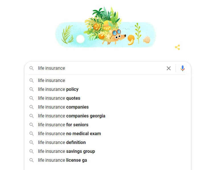 Screenshot of Google's auto-suggestions when you type in 'life insurance'
