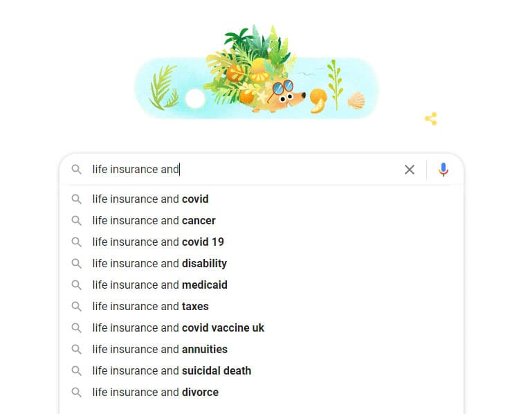 Screenshot of Google's auto-suggestions when you type in 'life insurance and'