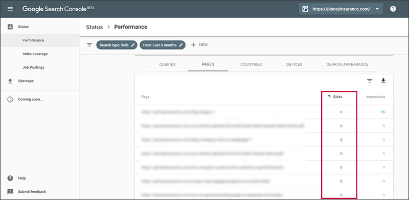 Sorting pages by click-through-rate in Google Search Console