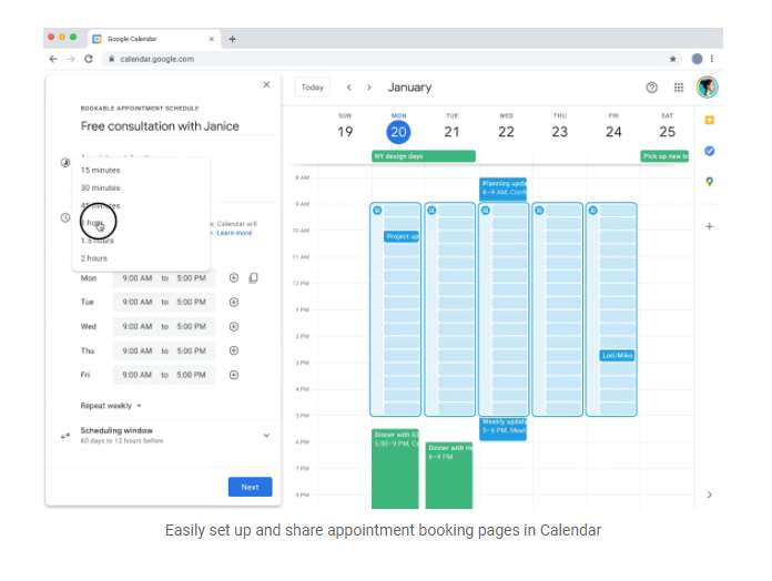 Screenshot of a Google Calendar from the Google Workspace Individual website