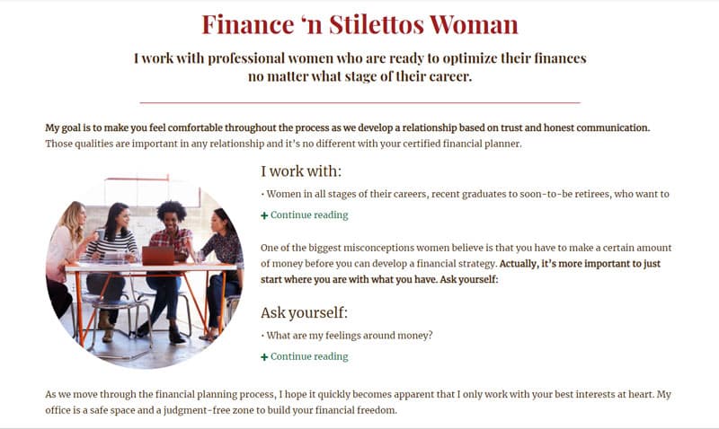 Screenshot of the H&H Wealth Management site with the following text: I work with women in all stages of their careers, recent graduates to soon-to-be retirees.