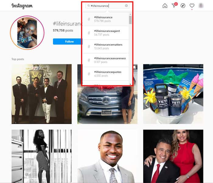 Screenshot of Instagram's search feature showing hashtag results