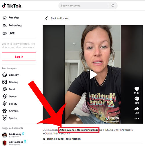 Screenshot of a TikTok video using hashtags for 'lifeinsurance' and 'termlifeinsurance'