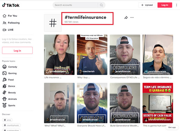 Screenshot of the results in TikTok when we clicked on the 'termlifeinsurance' hashtag