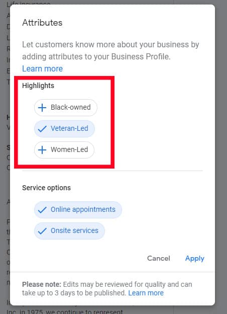 Screenshot of Google Business Profile showing the 'Highlights' option.