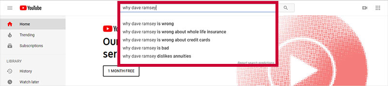 Screenshot of YouTube search box with autosuggest keyphrases