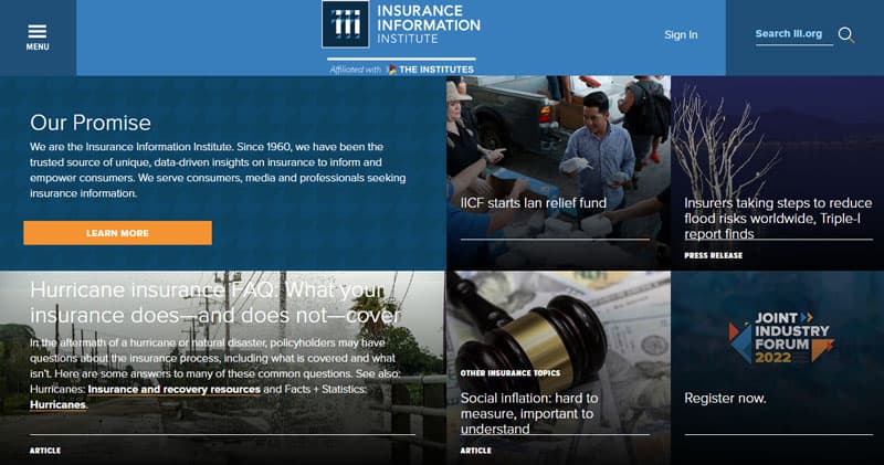 Screenshot of the Insurance Information Institute homepage