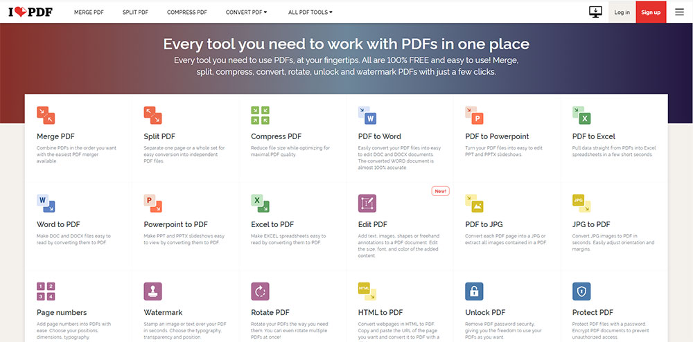 Screenshot of ILovePDF.com's home page.