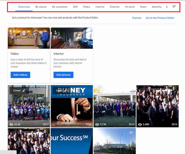 Screenshot of Google Business Profile showing the photos and videos section.