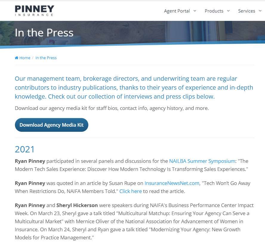 Screenshot of Pinney Insurance's 'In the Press' web page