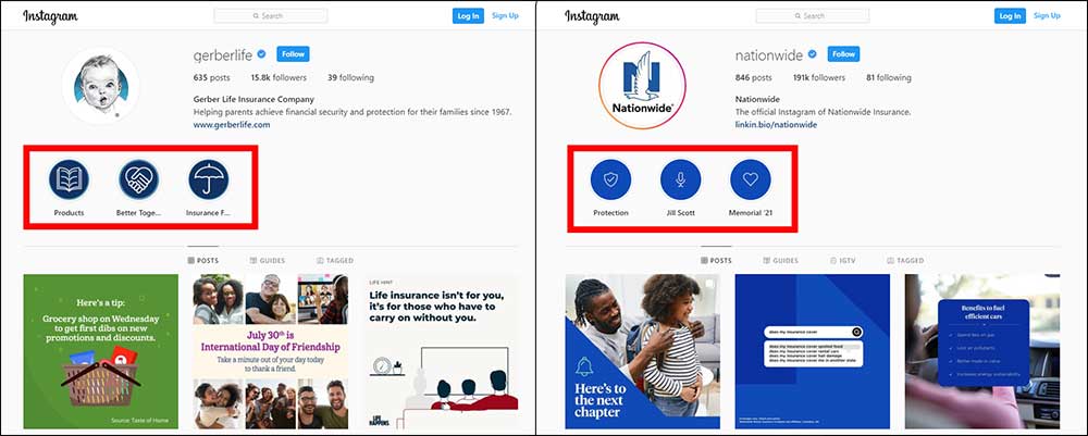 Screenshot of Instagram highlights for Nationwide and Gerber Life's Instagram profiles.