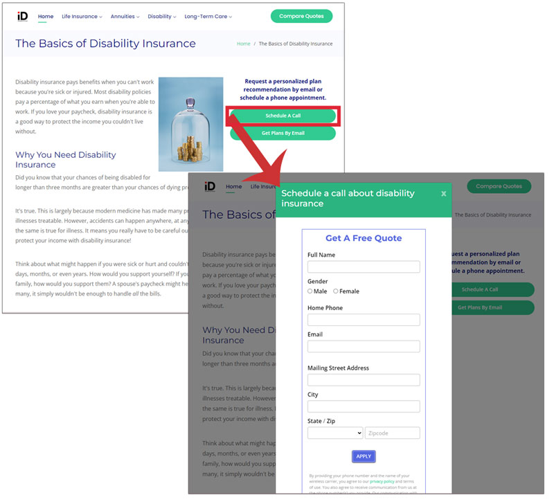 Screenshot of an InsuranceDivision.com page with pre-written disability insurance content with buttons users can click to pop up a lead capture modal