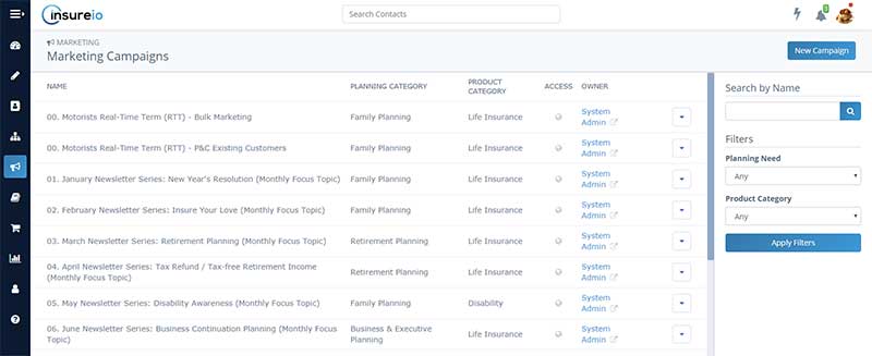 Screenshot of Insureio's marketing campaigns screen