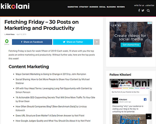 Screenshot of a sample roundup post from Kikolani.com, showing a list of recent popular posts in the SEO and marketing space.