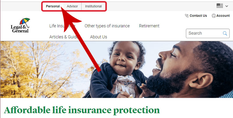 Screenshot of the Legal & General website home page with three options up top highlighted: Personal, Advisor, or Institutional