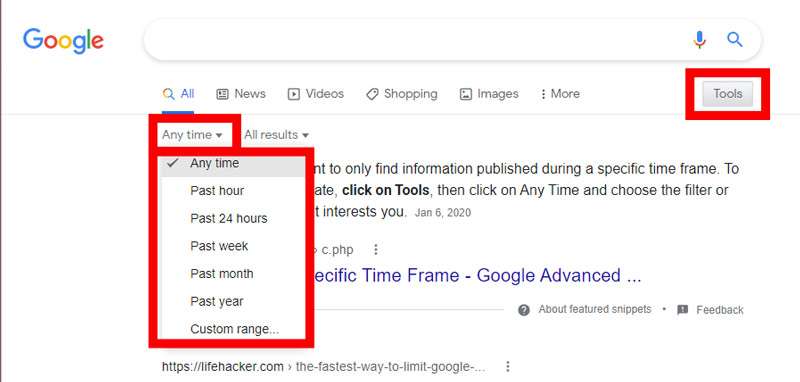 Screenshot of Google search results with the Tools and Any time menu options highlighted