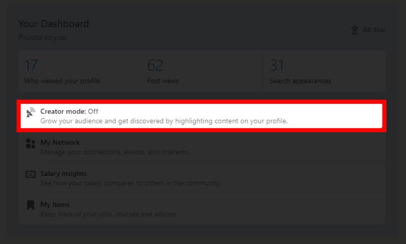 Screenshot of a LinkedIn profile dashboard showing the toggle for Creator Mode.