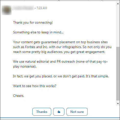 Making Genuine Connections on LinkedIn: example of a 'salesy' message from a new contact