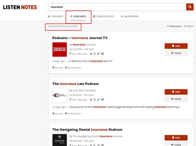 Screenshot of ListenNotes's search function, used to search for the keyword 'insurance.'