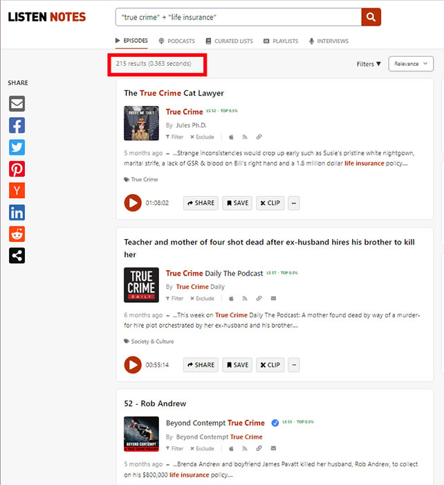 Screenshot of the results in ListenNotes when you type in the search query true crime + life insurance, with each phrase in quotation marks