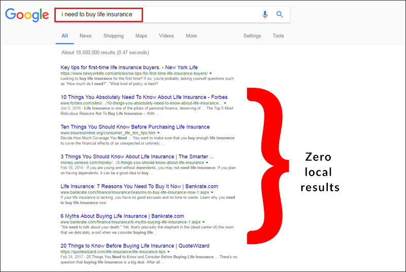 Local search results when looking for life insurance