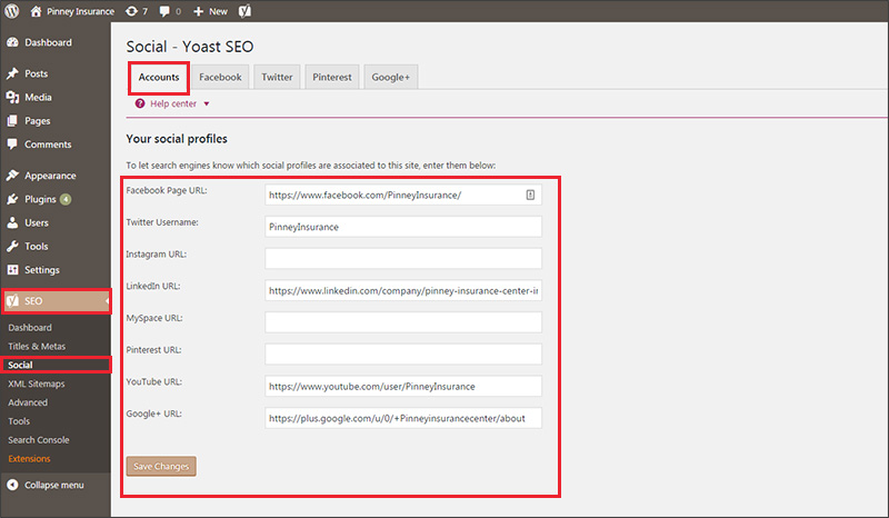 Yoast SEO plugin dashboard - accounts screen