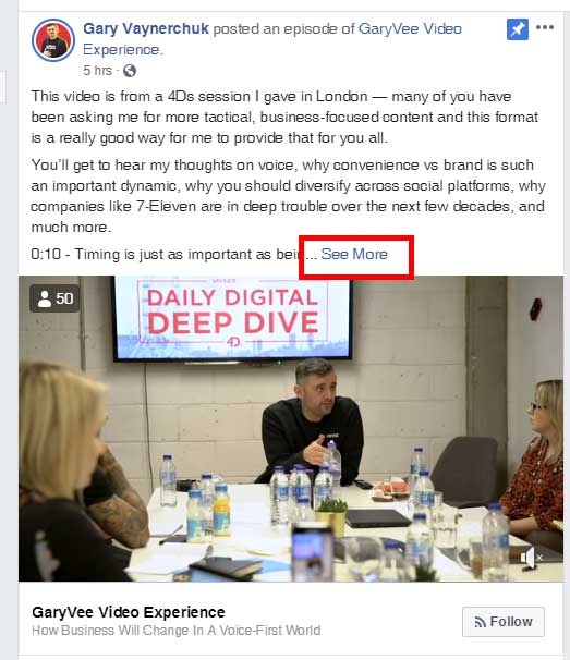 Screenshot of the Gary Vee Facebook page, showing his long-form content on Facebook, with a See More link you have to click to view the rest of the post.