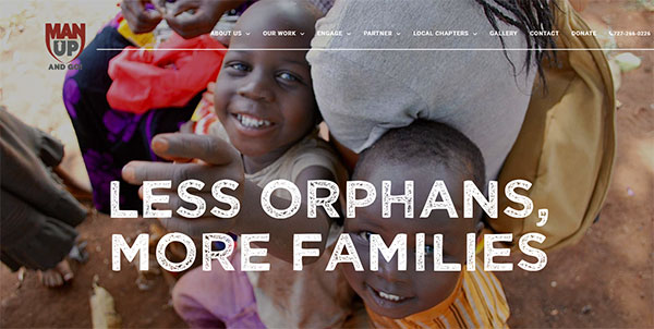 Screenshot of the Man Up and Go website, showing a crowd of smiling African children