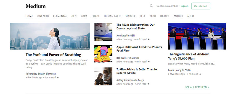 Screenshot of the Medium home page, showing popular posts of the day