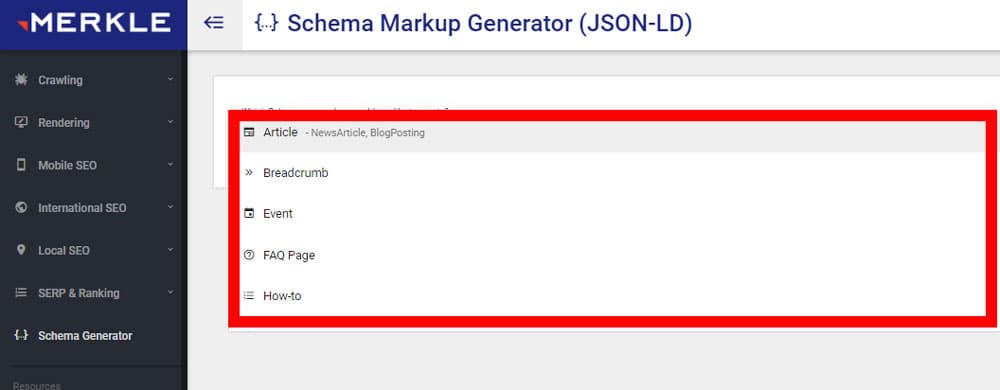 Screenshot of Merkle's free schema generator tool