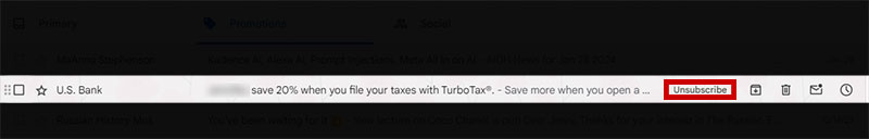 Screenshot of an email in a Gmail inbox with a button that says 'Unsubscribe' highlighted in the subject line