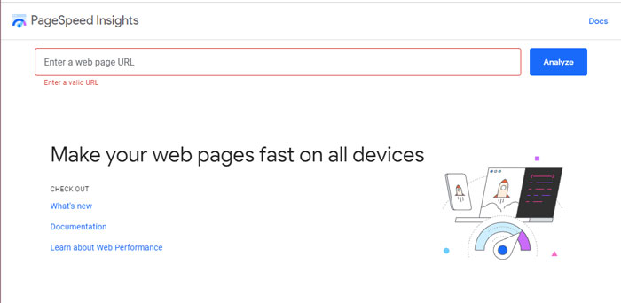 Screenshot of the home page for Google's PageSpeed Insights tool, showing an entry box for you to enter your website's URL