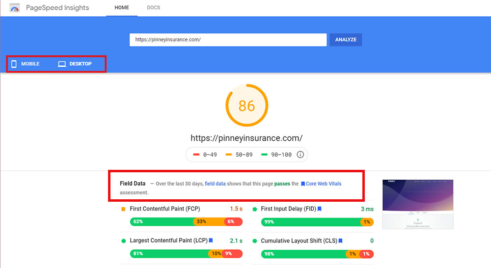 Screenshot of Google PageSpeed Insights results for the Pinney Insurance homepage.