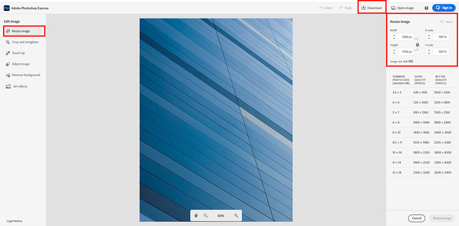 Adobe's Photoshop Express free image resizing tool