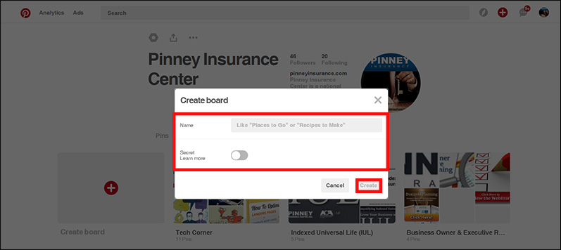 Give your new Pinterest board a title and toggle the Secret setting as needed