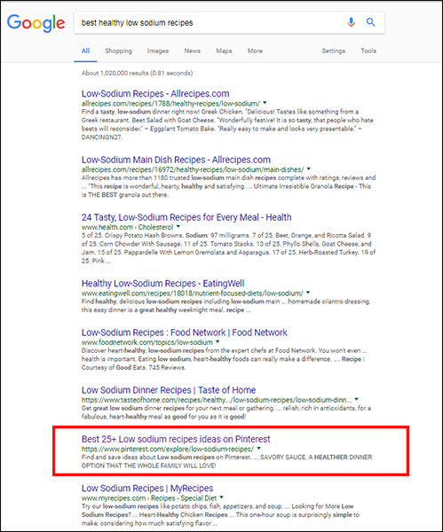 Pinterest on page 1 of search engine results