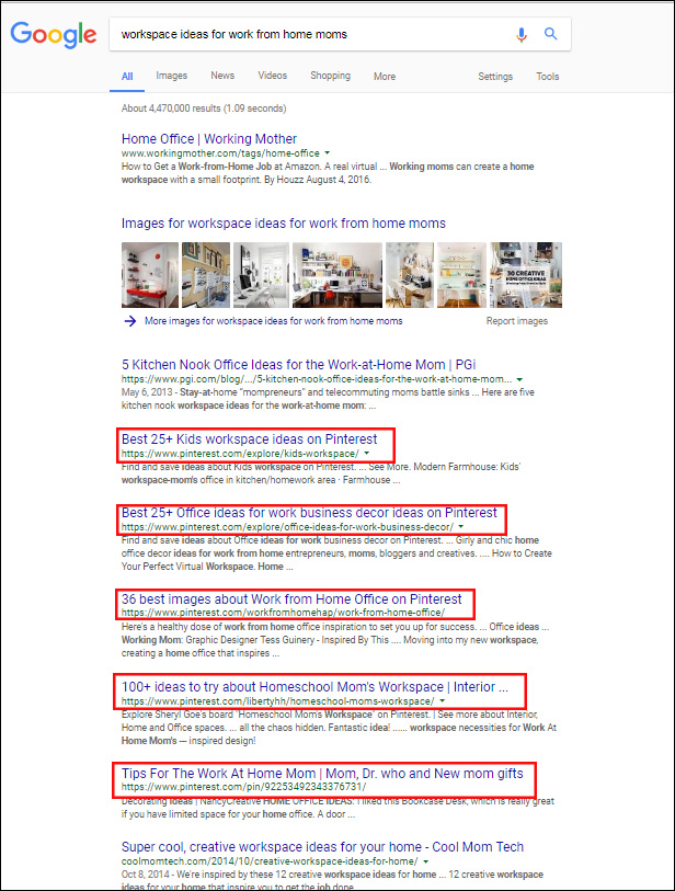 Pinterest with multiple results on page 1 of search engine results