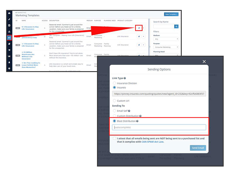 Screenshot: Using the Email Blast Function in Insureio