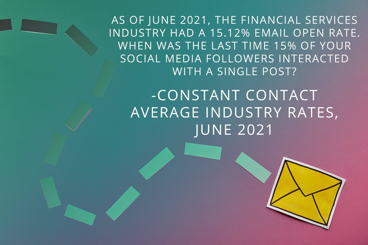 Image with the following quote from Constant Contact's Average Industry Rates, June 2021 - As of June 2021, the financial services industry had a 15.7% email open rate. When was the last time 15% of your social media followers interacted with a single post?