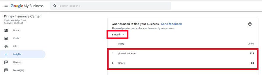 Screenshot of our Google Business Profile Insights showing two keywords used to find us: Pinney Insurance and Pinney