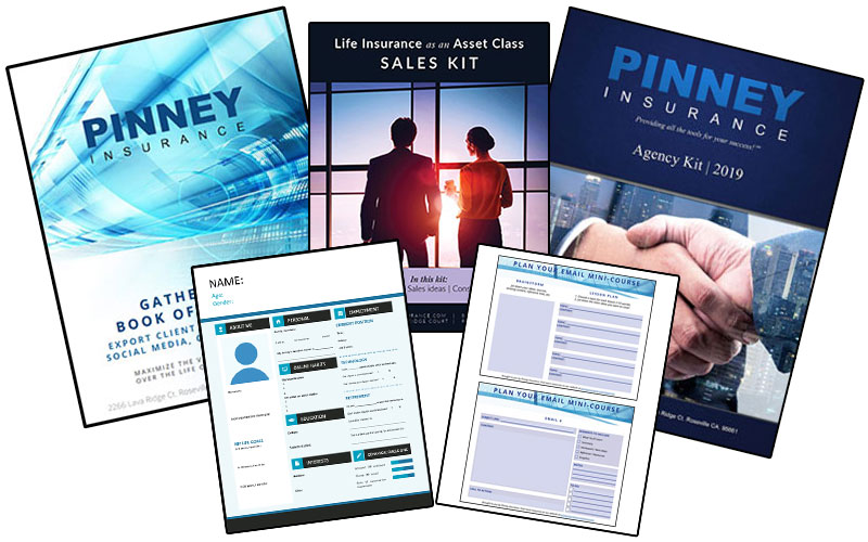 A screenshot of the resources available on the Pinney Insurance resources page, from sales kits to templates and more