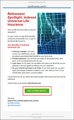 An email in Insureio's March retirement planning marketing campaign with the CTA button highlighted