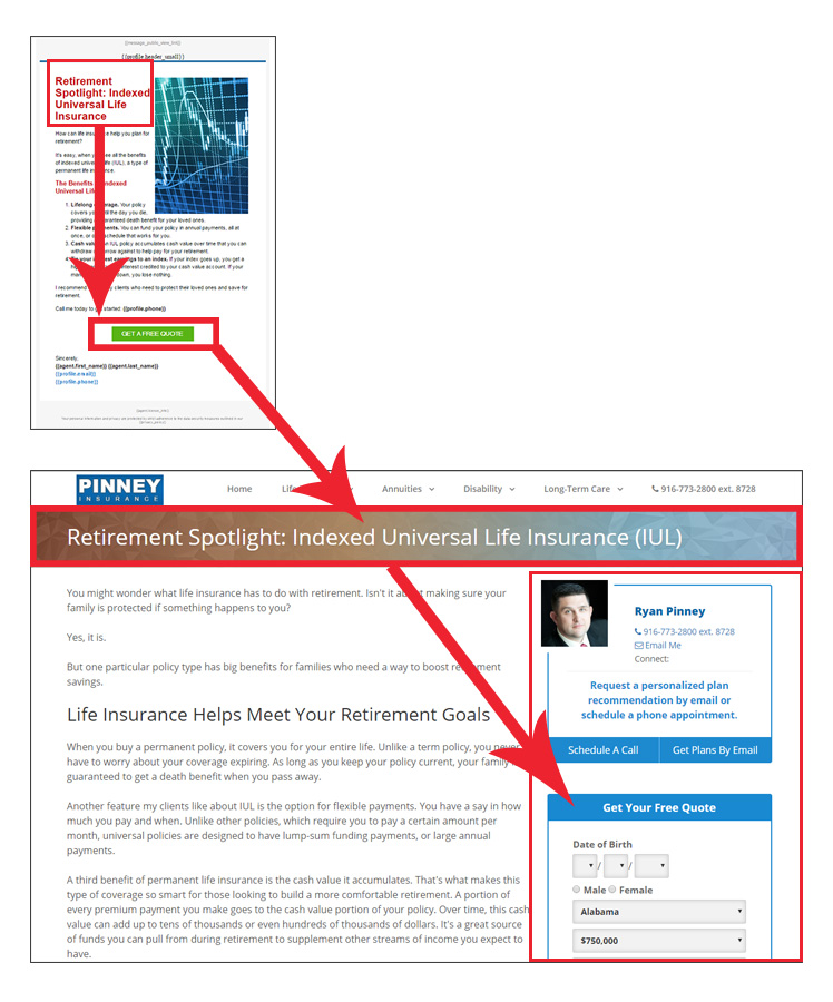 An email in Insureio's March retirement planning marketing campaign with the corresponding page in InsuranceDivision