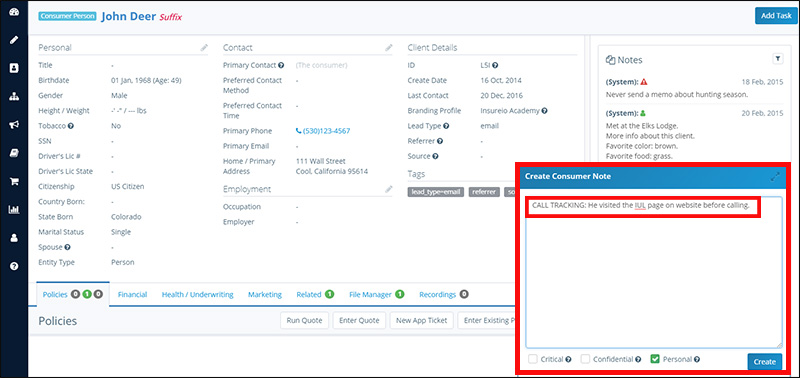 Sample consumer note in Insureio with inbound call tracking