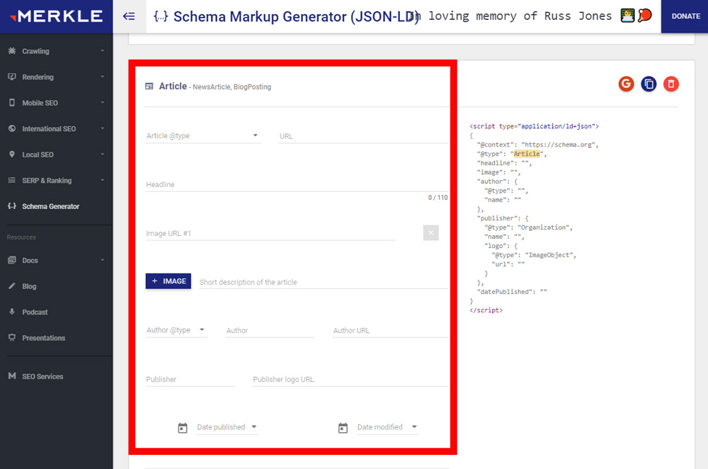 Screenshot of Merkle's free schema generator tool