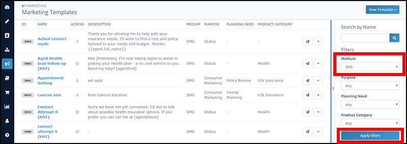 Insureio marketing templates: Select SMS as the medium in the filter on the right-hand side to browse or create SMS templates.