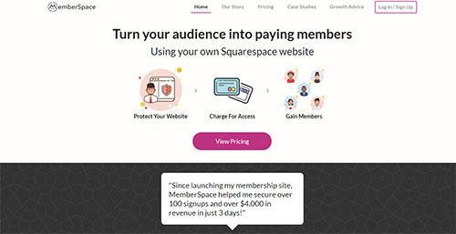 Screenshot of the Memberspace plugin website, for use with Squarespace websites