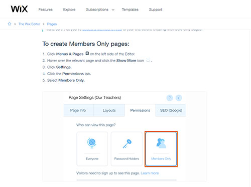 Screenshot of the Wix information on how to mark a page for Members Only