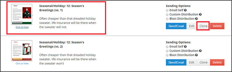 Clone button in Marketing Materials section of Insureio